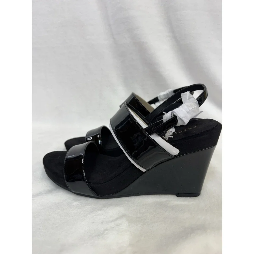 Aerosoles Petra Women's Wedge Sandals Black Patent Faux Leather Size 9.5